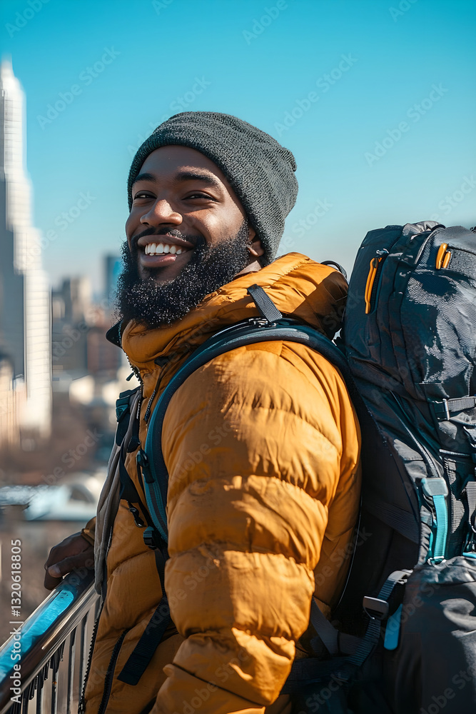 Poster smiling man with a backpack enjoys city views on a summer day. generative ai