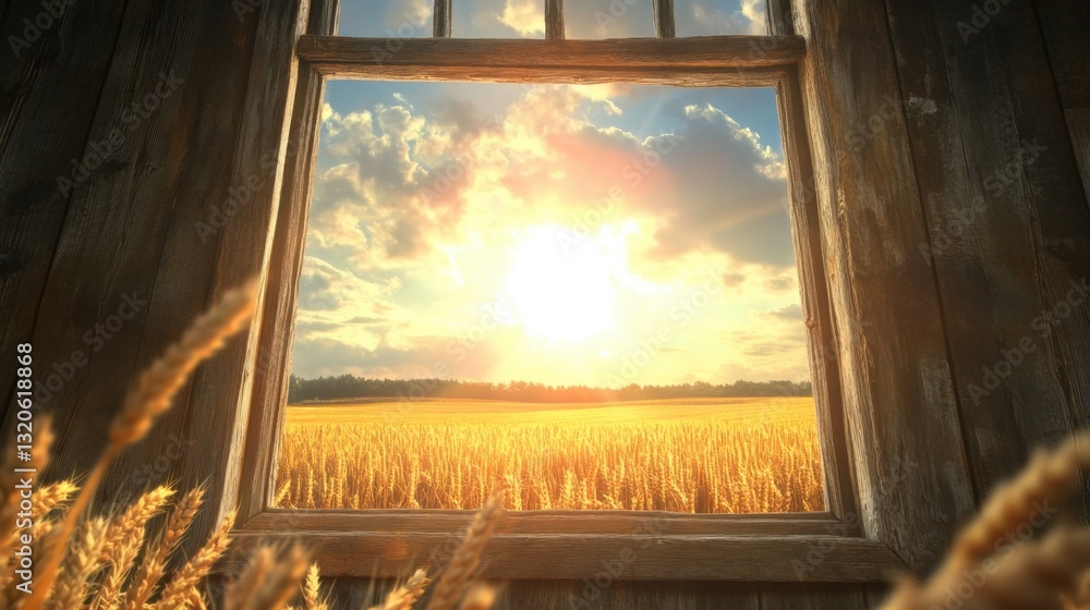 Poster warm sunlight spilling through an open rustic window, offering a breathtaking view of endless wheat 