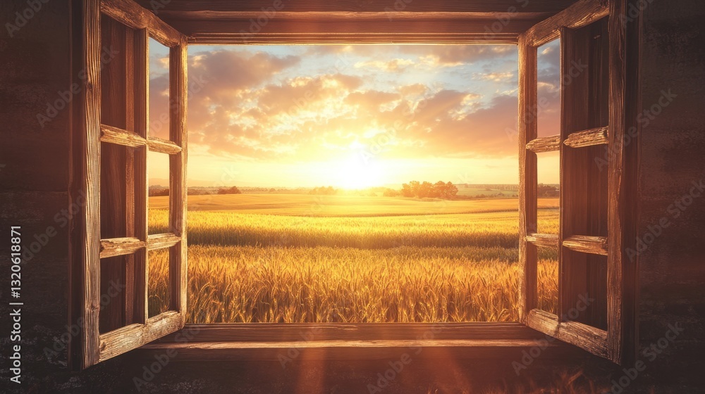 Poster warm sunlight spilling through an open rustic window, offering a breathtaking view of endless wheat 