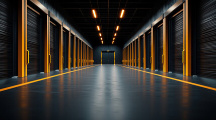 Fototapeta premium Long hallway featuring multiple rows of storage units with bright lighting and industrial design elements