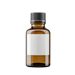 amber glass dropper bottle with a blank white label sealed with a black rubber dropper cap isolated on a transparent background with reflections  Mockup for cosmetic skincare