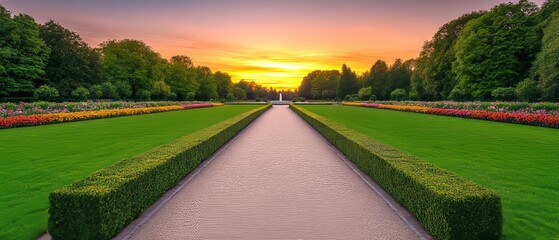 Naklejka premium Park Pathway at Sunset with Flowerbeds