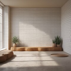 Fototapeta premium Empty living room with white exposed brick walls, wall mockup