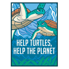 Vector Illustration of Ocean Turtle with Cute Illustration Available for Poster