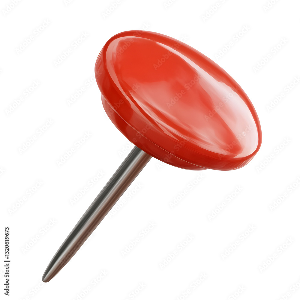 Poster 3d rendered image of a red thumbtack with a smooth shiny plastic top and a sharp steel pin floating 