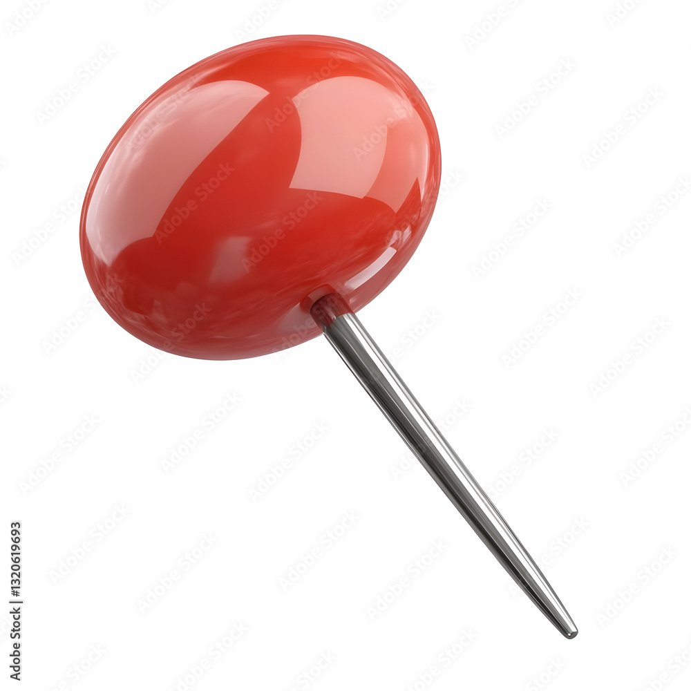 Poster 3d rendered image of a red thumbtack or push pin with a smooth shiny plastic top and a sharp steel p