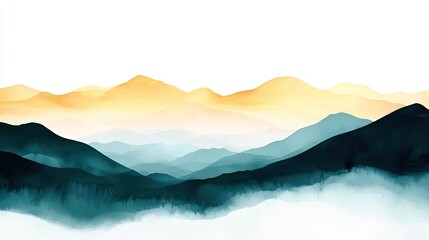 Ink illustration abstract background idea. Vibrant watercolor mountain landscape blending soothing colors and tranquil vibes.