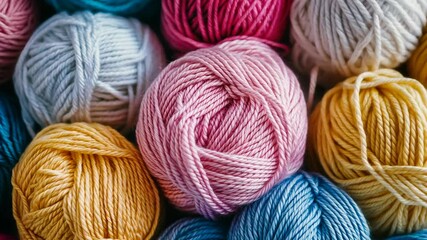 Colorful yarn balls in various shades arranged together for knitting and crafting activities