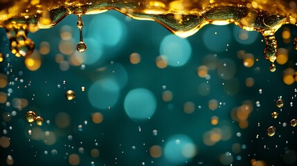 Golden Liquid Dripping With Numerous Light Reflections On Teal Background