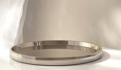 Modern round glossy shiny gold podium table on white counter table, sheer curtain in dappled sunlight for luxury organic fashion, beauty, cosmetic, skincare, body care product display background 3D
