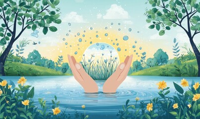Close-up of hands and water sphere serenity in nature art