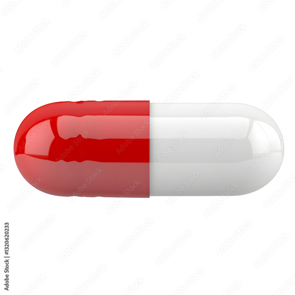 Aufkleber capsule with a shiny red and white coating floating on a clean transparent background minimal studio