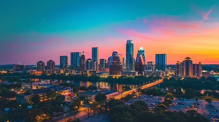 Fototapeta premium Downtown Austin Cityscape at Dusk with Colorful Sky and River Reflection