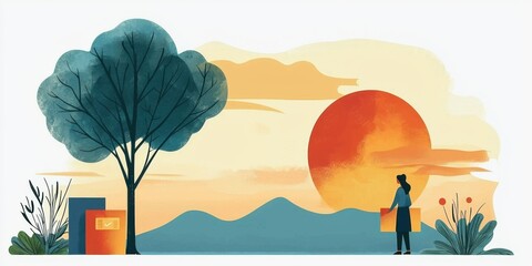 Tranquil sunset scene with person in natural landscape illustration