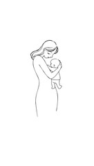 Stylized illustration of a woman gently holding a sleeping baby. Motherhood tenderness concept.