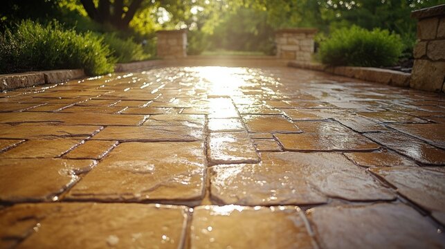 Sunlit cobblestone pathway in a garden setting