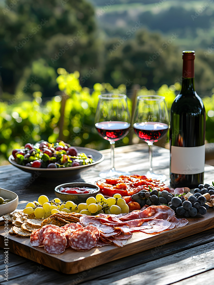Poster setting for a relaxing vineyard meal with wine and fresh ingredients. generative ai