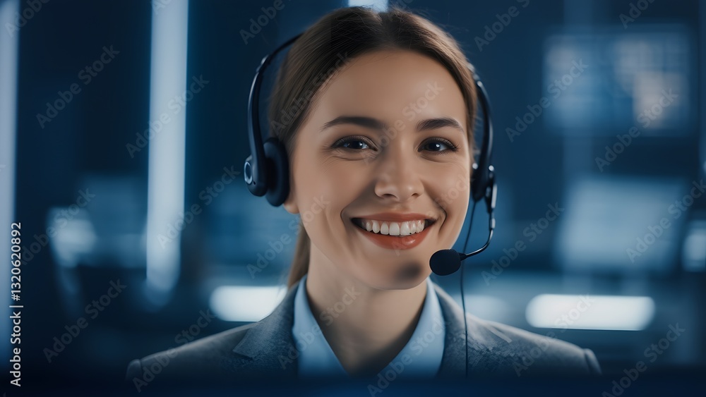 Poster smiling customer service representative wearing a headset in a modern office environment with soft l