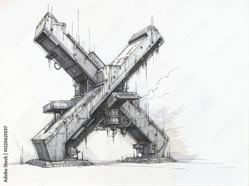 Poster conceptual drawing sketch of construction site in a shape of x letter . generative ai