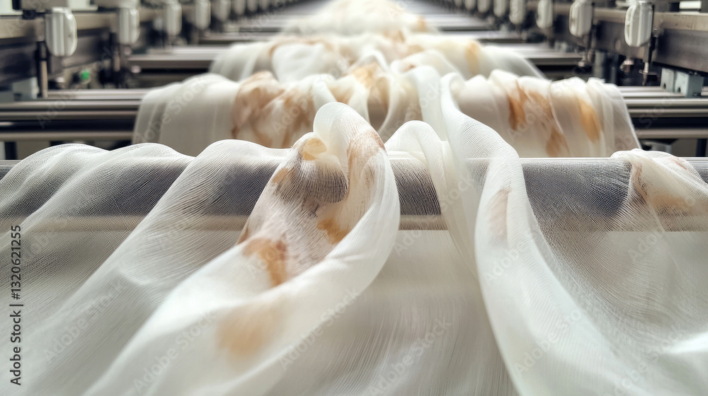 Poster flowing fabric in textile printing machine, showcasing intricate patterns and textures. scene captur