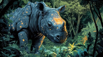 Mystical rhino in lush jungle wildlife art vibrant nature scene