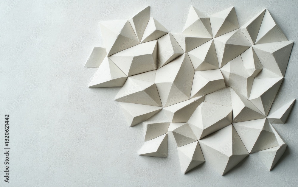 Poster abstract image featuring a cluster of off-white, geometric, triangular shapes arranged on a textured