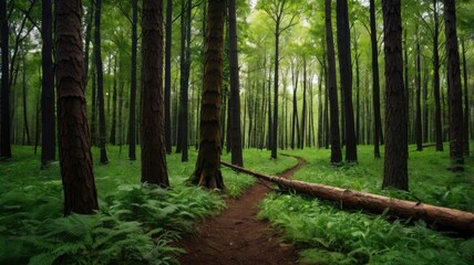 Fototapeta premium A lush and serene forest background featuring tall trees, dense greenery, and a peaceful natural atmosphere, perfect for nature-themed designs.