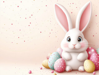 Obraz premium Adorable white bunny surrounded by colorful polka dotted Easter eggs on soft pastel background, Copy Space, Easter Blank Background Space For Text. Easter Background Illustration Design