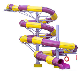 Yellow purple Water Slide Amusement Park. Aquapark pipe. Water park aquapark slide spiral pipeline...