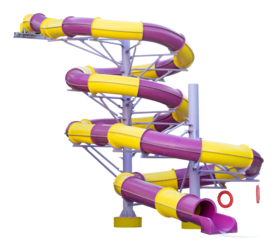 Yellow purple Water Slide Amusement Park. Aquapark pipe. Water park aquapark slide spiral pipeline tunel