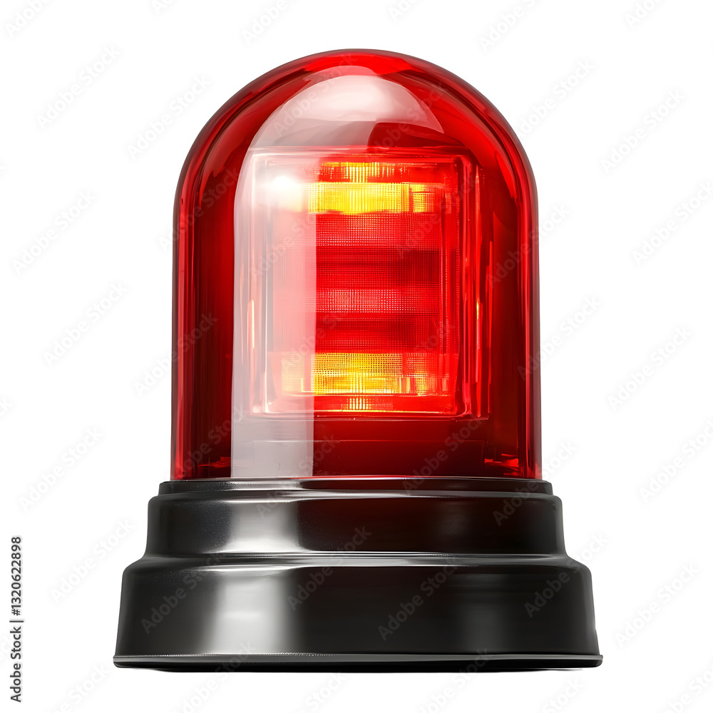 Poster Detailed and intense red emergency light with a glowing effect dark metallic base and a clear plastic dome floating on a transparent background  This image can be used to represent safety security