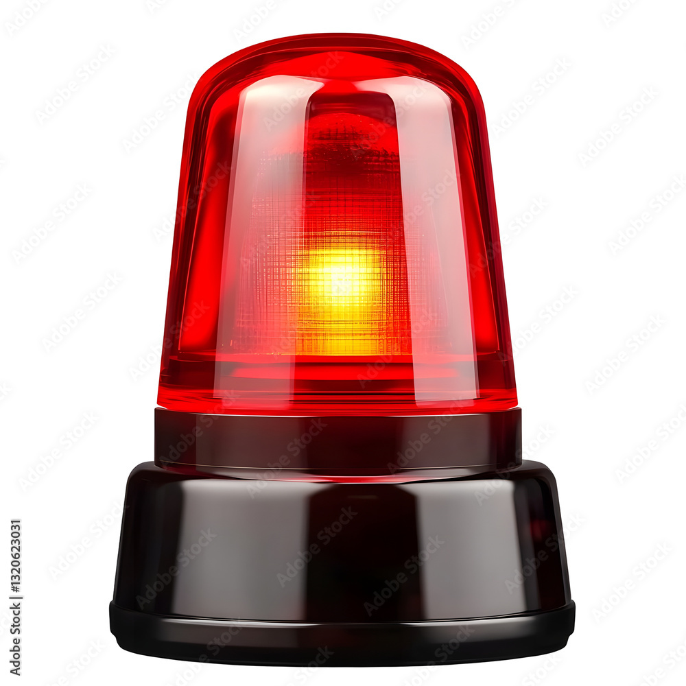 Poster powerful 3d rendered red flashing warning light with a transparent and solid industrial base perfect