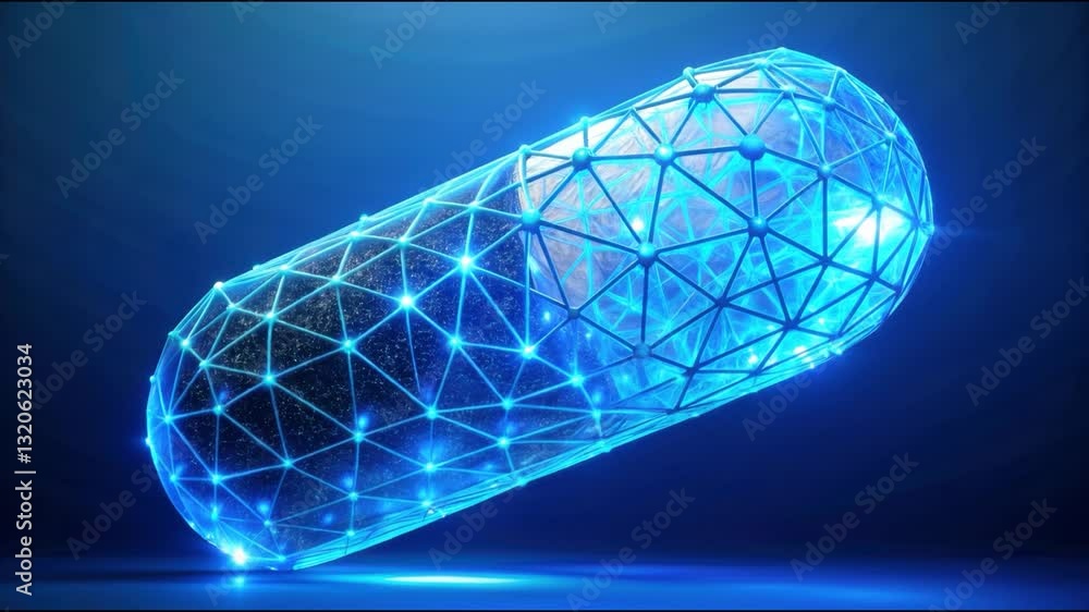 Poster glowing blue digital capsule with geometric wireframe design illuminated symbol of futuristic techno