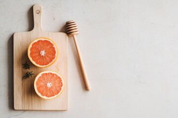 simple wooden cutting board with halved grapefruit honey dipper and knife resting beside it illuminated by natural
