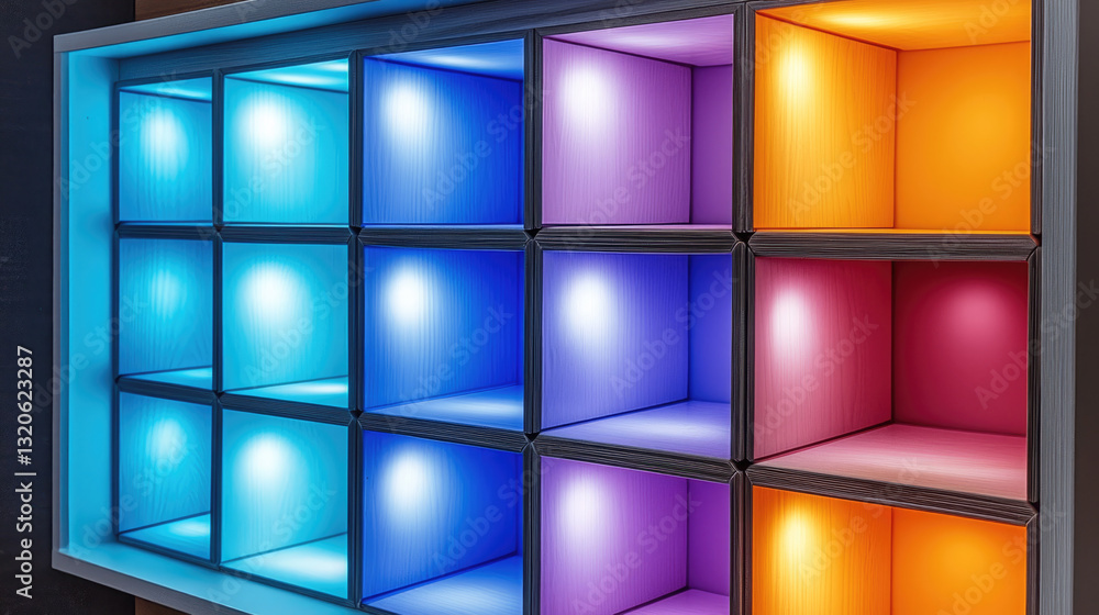 Poster large shelf with colorful illuminated compartments in blue, purple, and orange, creating vibrant dis