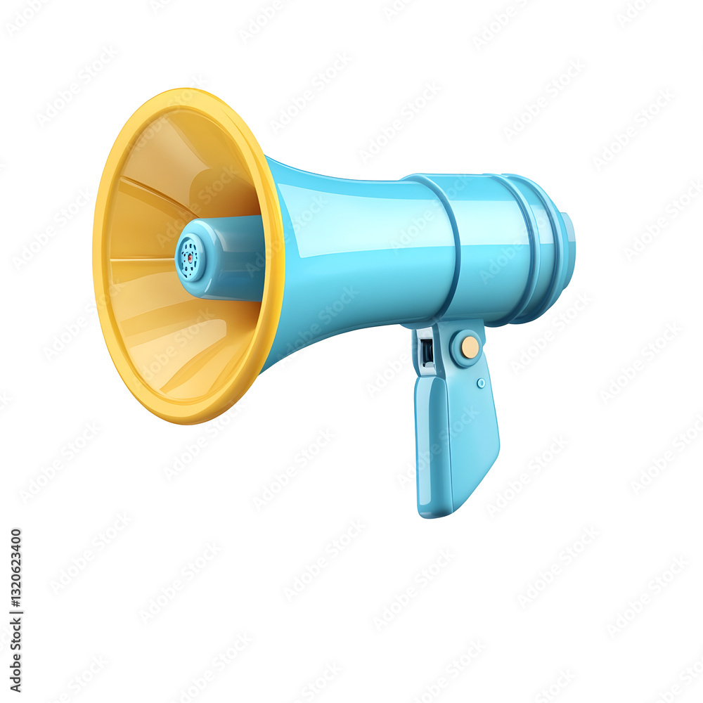 Poster of a blue and yellow megaphone with a smooth glossy shading and subtle reflections isolated on a tra