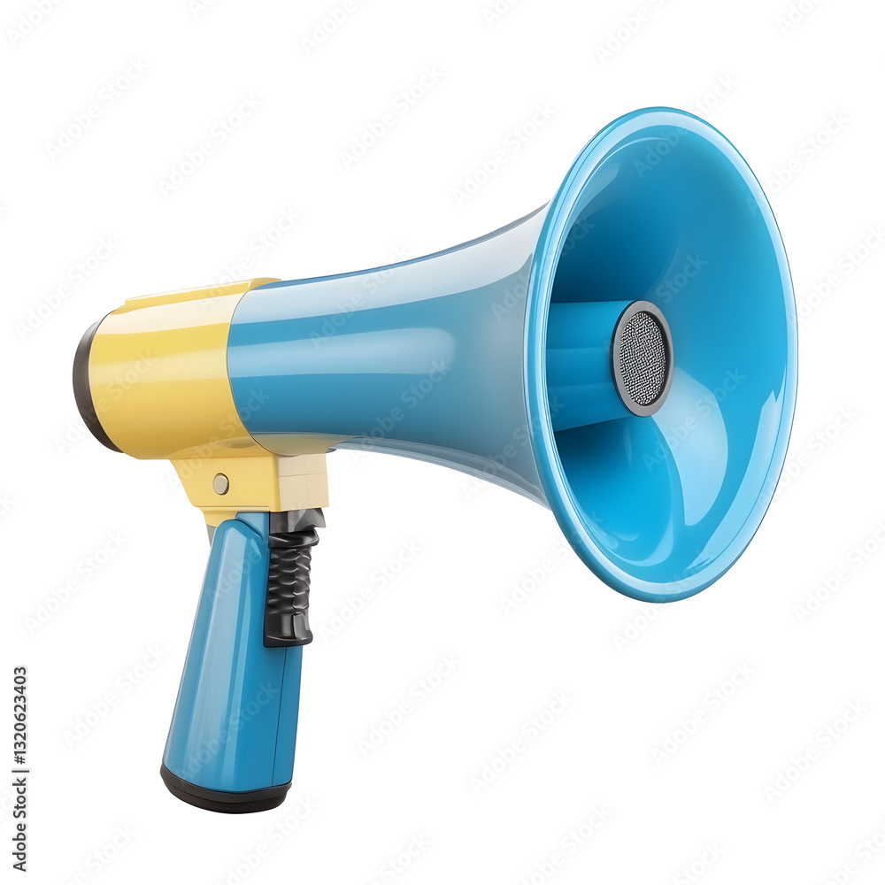 Poster visually striking 3d rendered blue and yellow megaphone with an ergonomic modern design and a sleek 