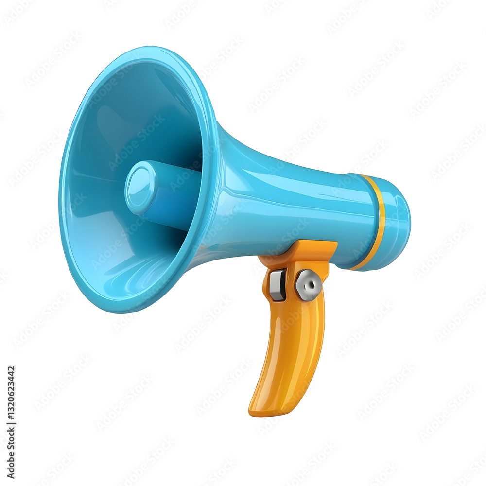 Poster of a modern vibrant blue and yellow megaphone with highlights and professional grade rendering isola