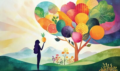 Fruitful journey a colorful tree of life in nature's embrace