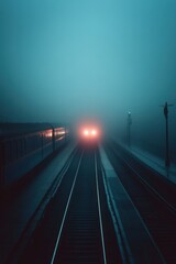 Foggy train tracks at twilight