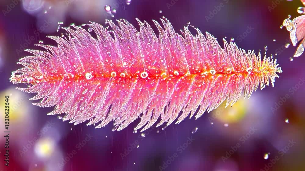 Poster vibrant pink feather-like structure floating in multicolored background with bubbles and sparkles