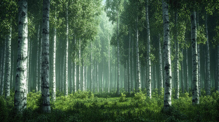 Obraz premium It is a natural landscape of a forest with sunlight pouring down, green weeds growing on the ground, and many tall, green trees.