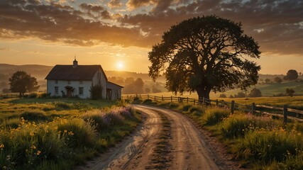 Rural sunrise illuminates a farmhouse, fields, a dirt road and an old tree, creating a peaceful scene.