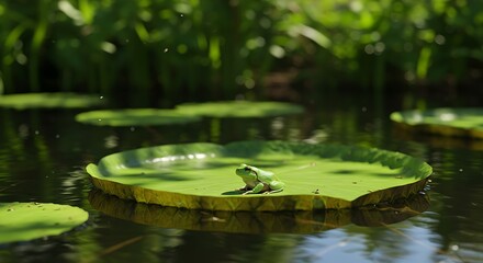 Fototapeta premium A small frog sitting on a vibrant green lily pad in a calm pond.