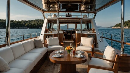 Fototapeta premium Elegant yacht deck with lounge seating and dining, offering stunning ocean views for relaxation and dining.