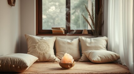 Relaxing indoor space with decorative pillows, natural light, and a glowing salt lamp emitting smoke.