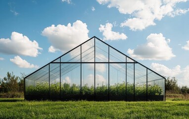 Fototapeta premium Modern greenhouse with a glass structure against a bright blue sky with fluffy white clouds. Lush green grass surrounds the greenhouse
