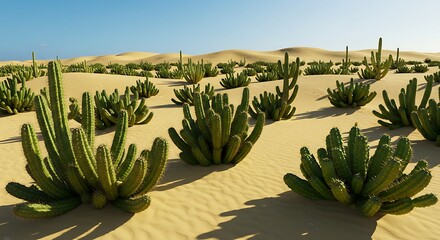 Obraz premium A variety of green cacti growing in a sandy desert, standing tall under the bright sun.