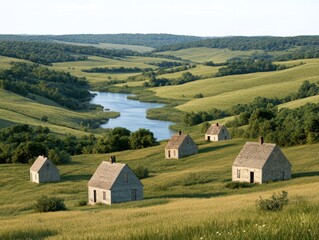 Rustic farmhouses overlook valley with tranquil lake
