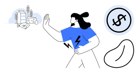 Woman holding her stomach and gesturing stop toward a cluster of allergenic foods. Associated icons include dollar sign and kidney symbol. Ideal for health, allergies, nutrition, food sensitivity